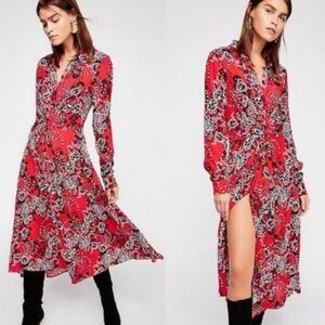 Free People | Women’s Red Floral Tough Love Long Sleeve Button Front Dress Sz 12